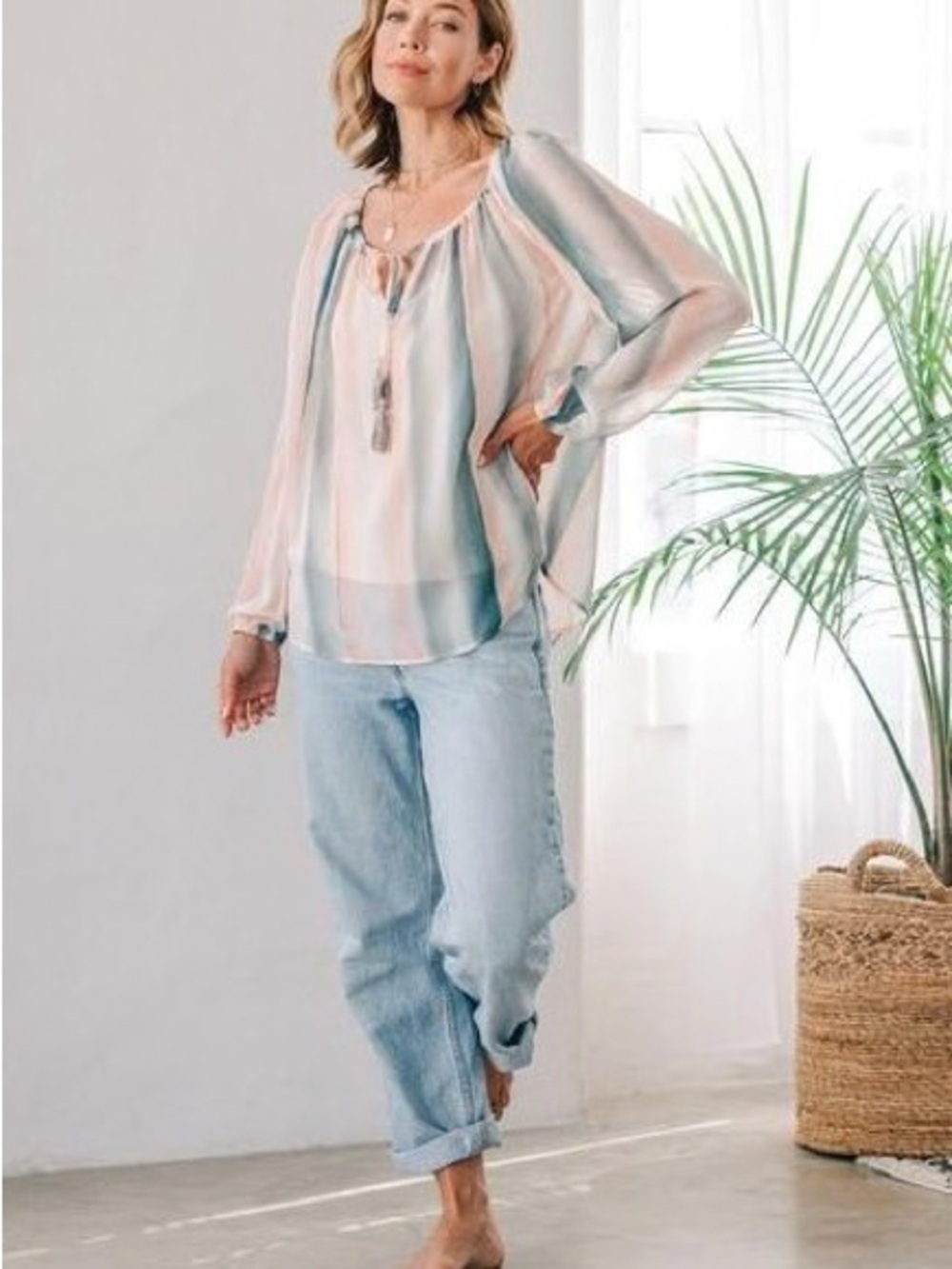 lovestitch Pastel Striped Sheer Blouse in Soft Blue and Pink - Picture 12 of 13